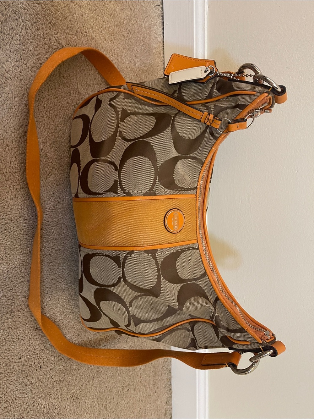 Coach Canvas Crossbody with Orange Trim and Khaki Signature Print